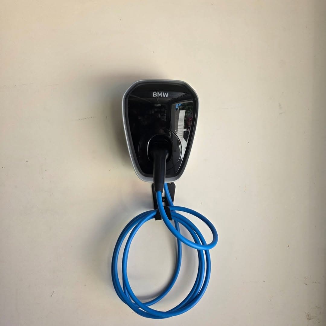 BMW EV charger with blue Type 2 cable installed
