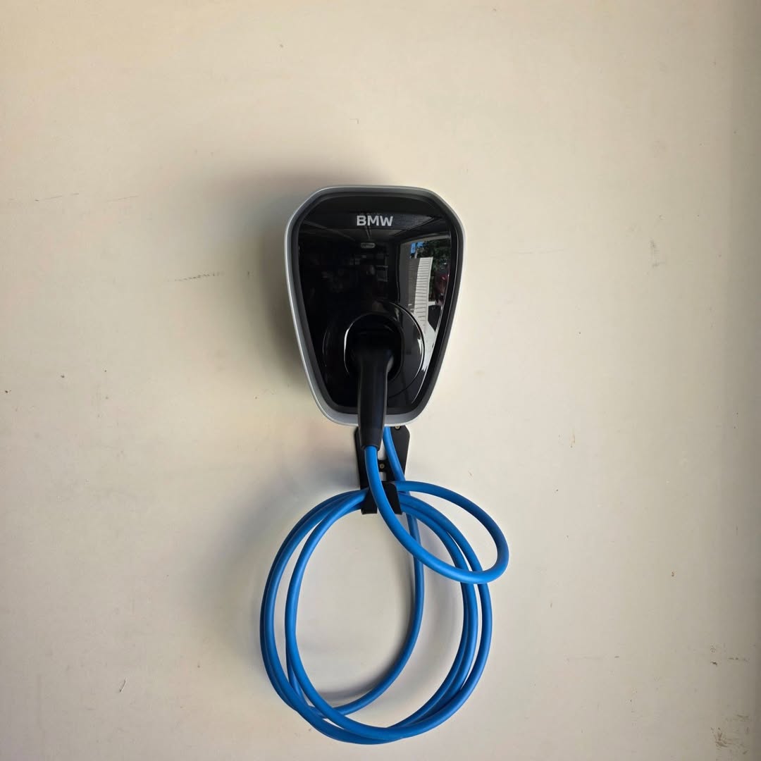 BMW EV charger with blue Type 2 cable installed