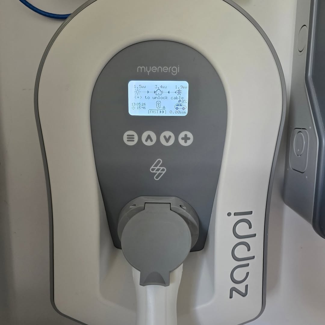 Zappi myenergi EV charger — solar diversion display active
