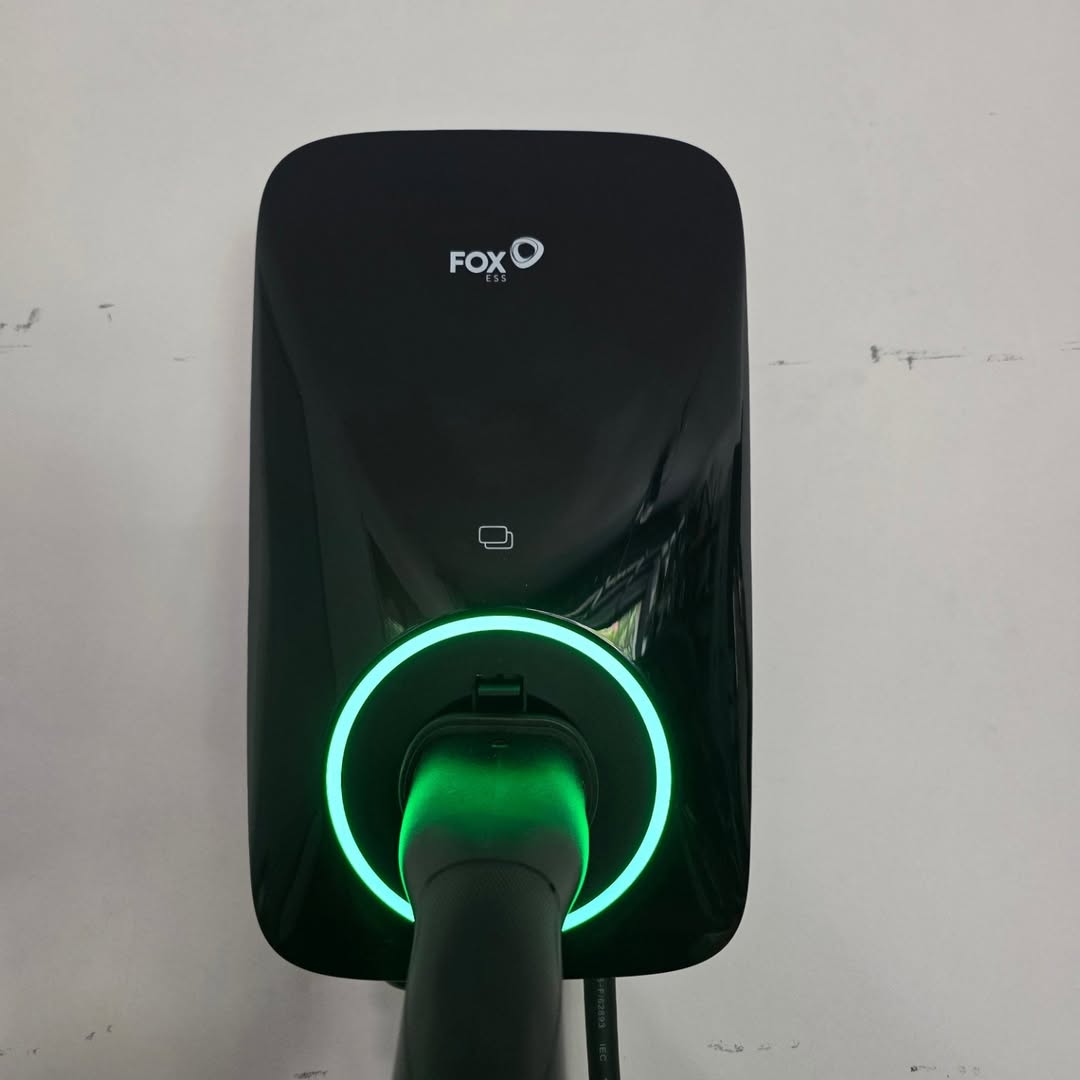 Fox ESS EV charger with glowing green LED ring